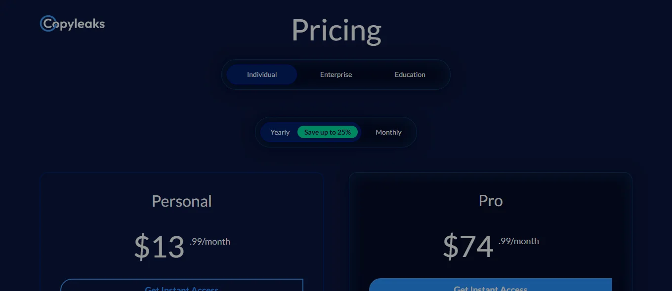 Copyleaks pricing page with the Personal and Pro plans