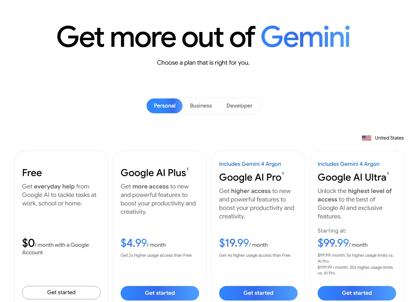 Google AI plans page in the United States showing AI Plus, AI Pro and AI Ultra