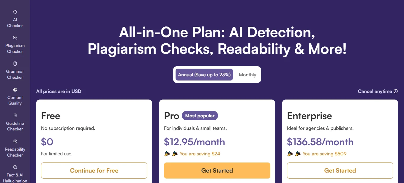 Originality.ai pricing page with the Free, Pro and Enterprise plans in US dollars
