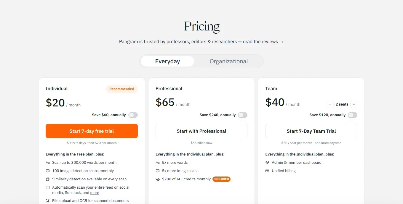 Pangram pricing page with the Individual, Professional and Team plans