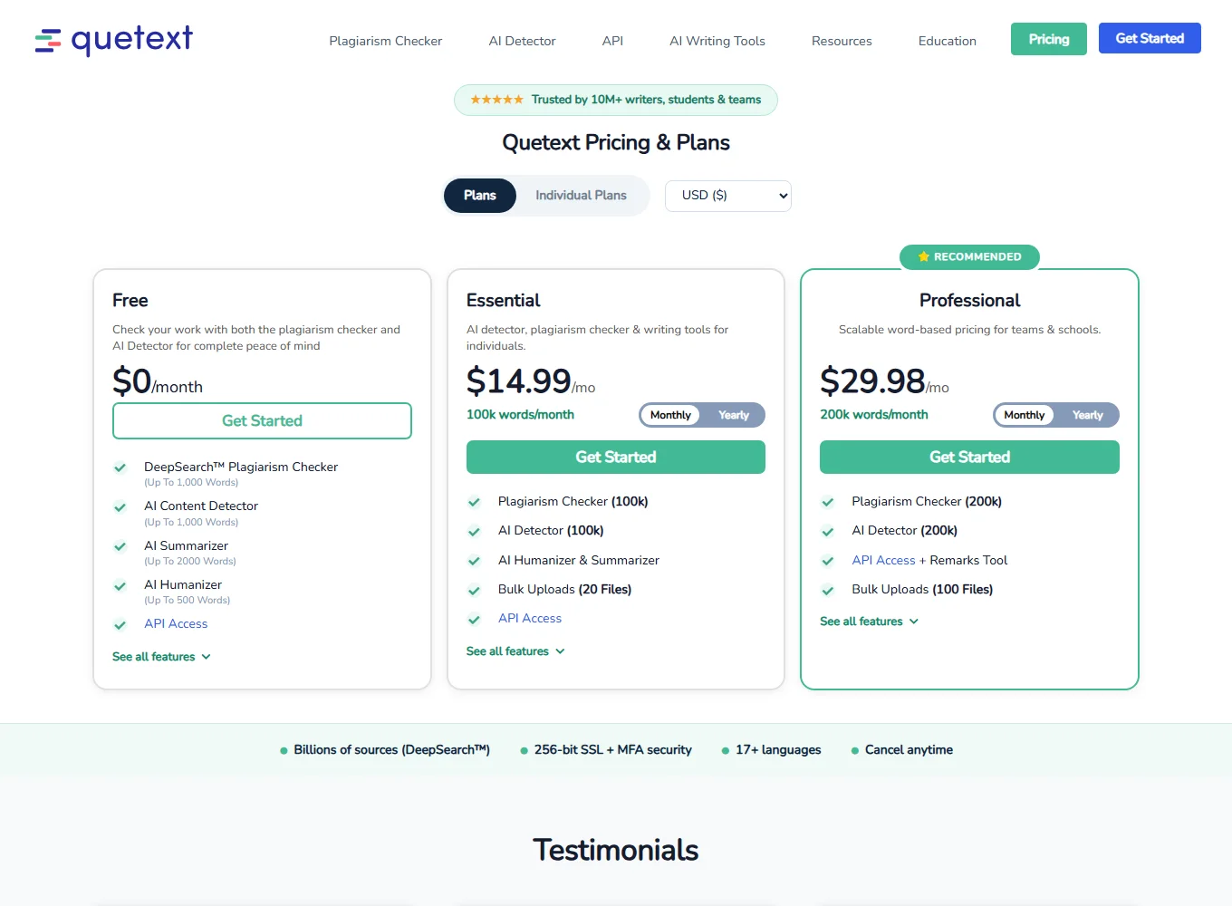 Quetext pricing page with the Free, Essential and Professional plans