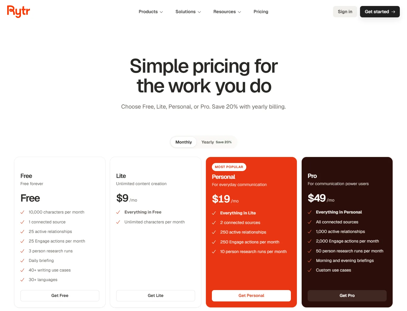 Rytr pricing page with the Free, Lite at $9, Personal at $19 and Pro at $49 plans