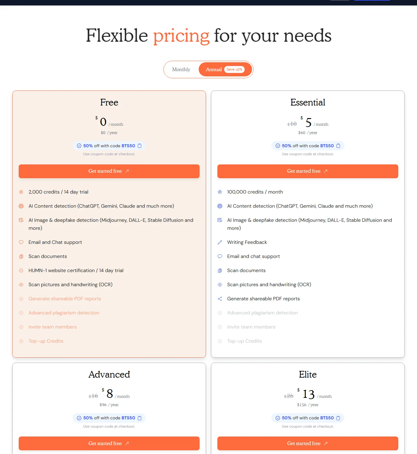 Winston AI pricing page showing the Free and Essential plans with 100,000 credits a month