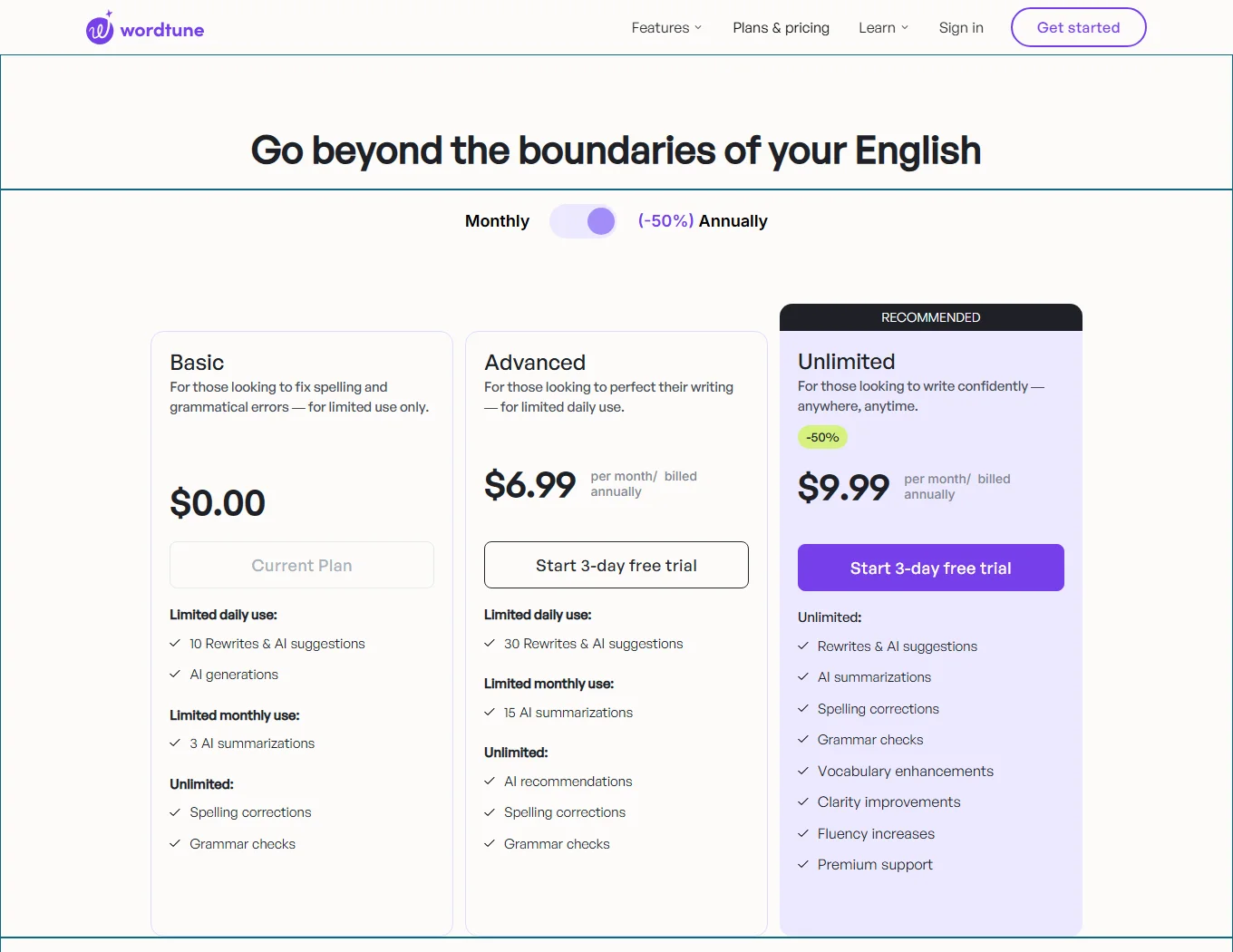 Wordtune plans page with the Basic, Advanced and Unlimited plans