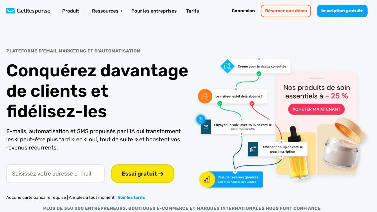 Page d'accueil de GetResponse, plateforme d'email marketing et d'automatisation