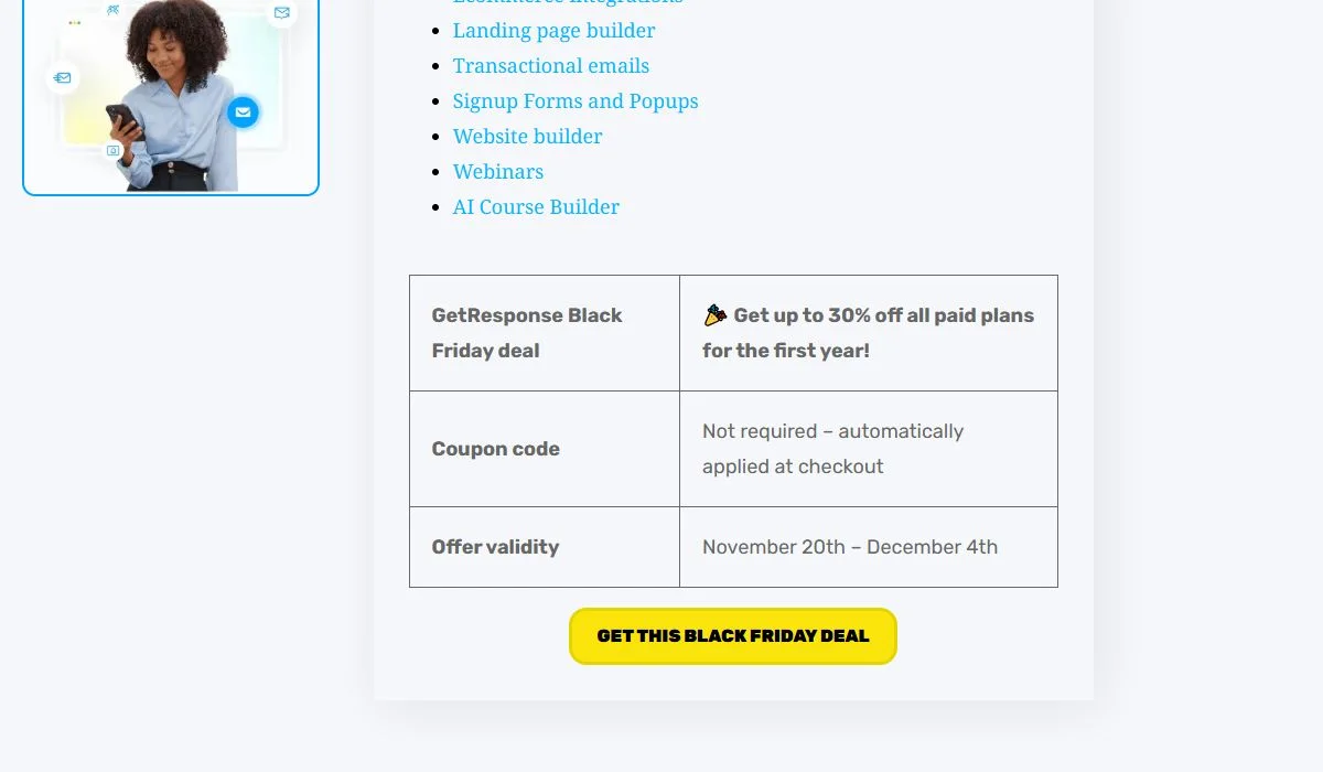 Récapitulatif des offres Black Friday 2025 sur le blog de GetResponse : jusqu'à 30 pour cent la première année du 20 novembre au 4 décembre