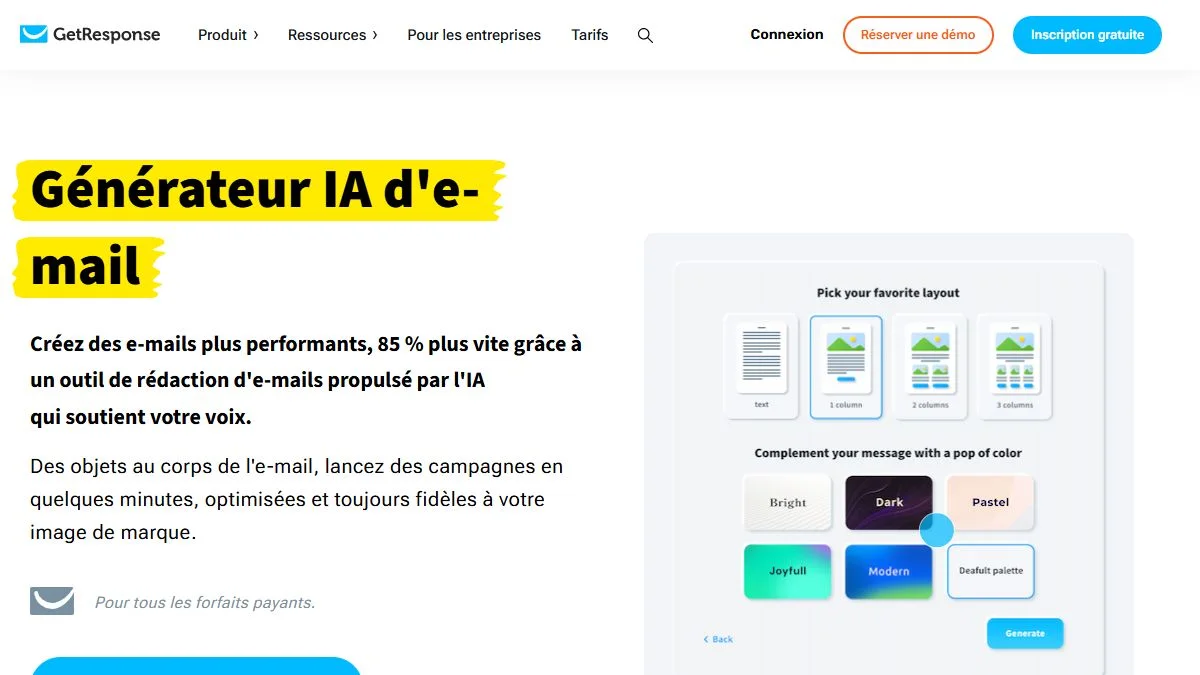 Page du générateur IA d'e-mail de GetResponse, réservé aux forfaits payants