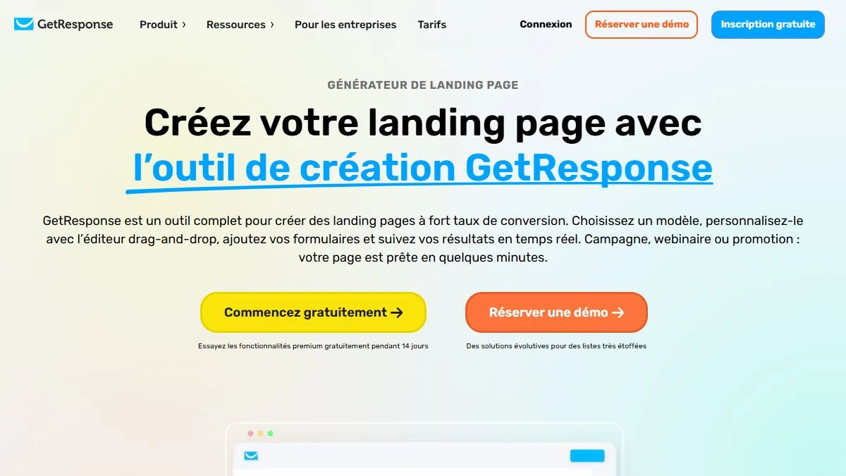 Page du créateur de landing pages de GetResponse avec essai gratuit de 14 jours