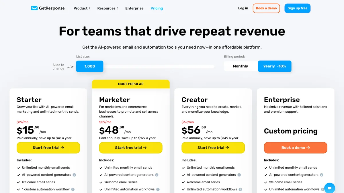 Page tarifs de GetResponse avec les plans Starter, Marketer, Creator et Enterprise