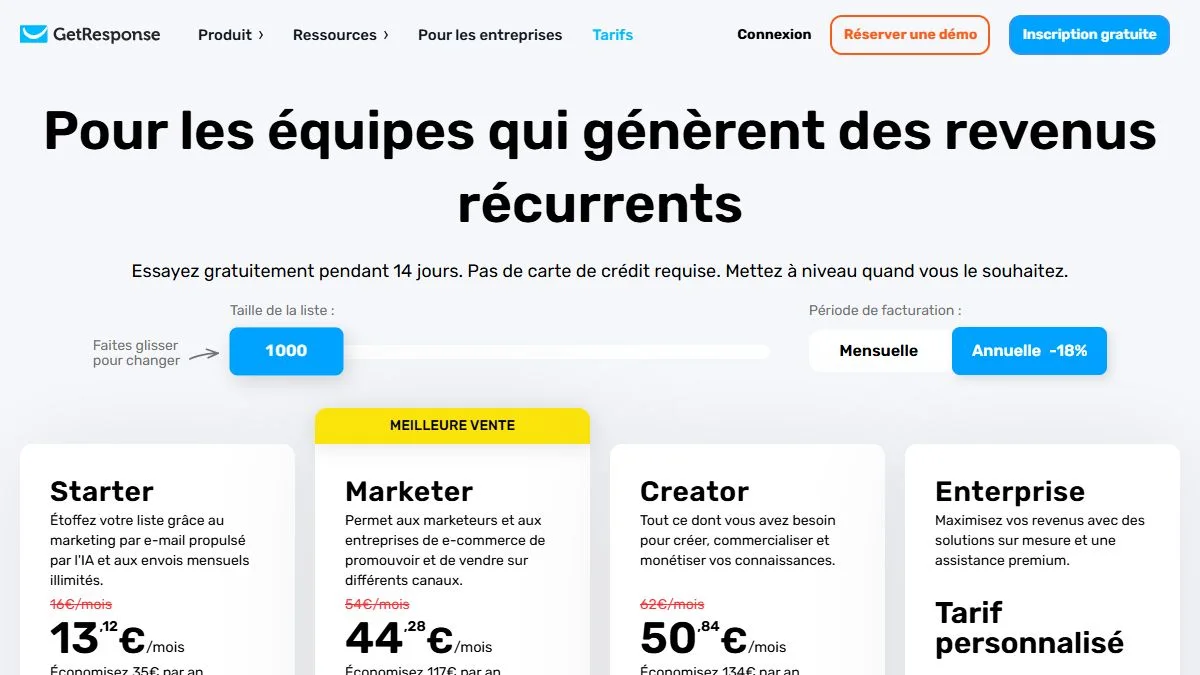 Page tarifs de GetResponse le 23 octobre 2026 : essai de 14 jours, facturation annuelle à moins 18 pour cent, plans Starter, Marketer et Creator