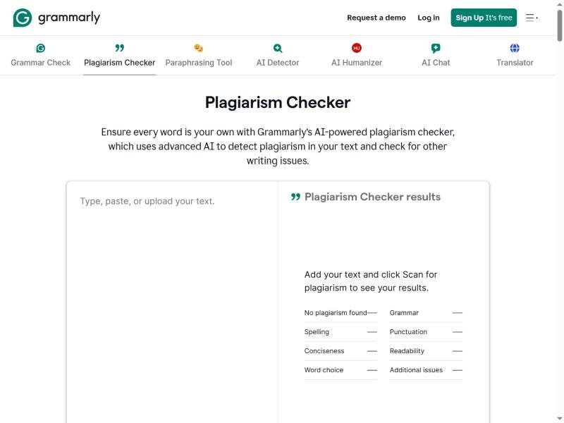 Page du vérificateur de plagiat de Grammarly, capture du 25 octobre 2026