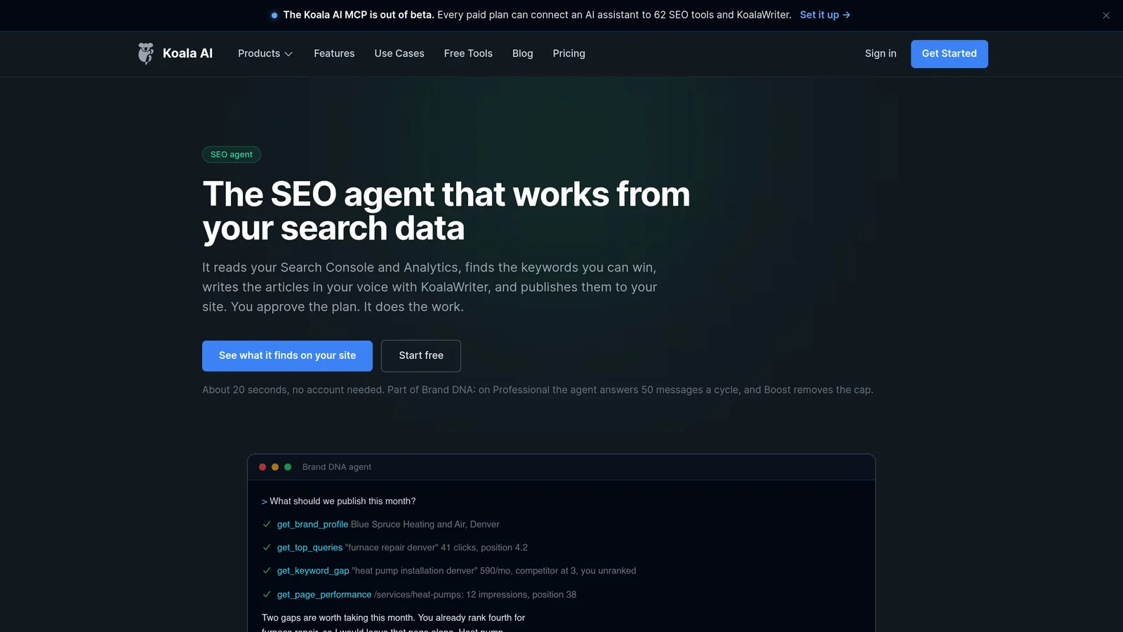 Agent SEO de Koala AI qui lit la Search Console et propose les articles à publier
