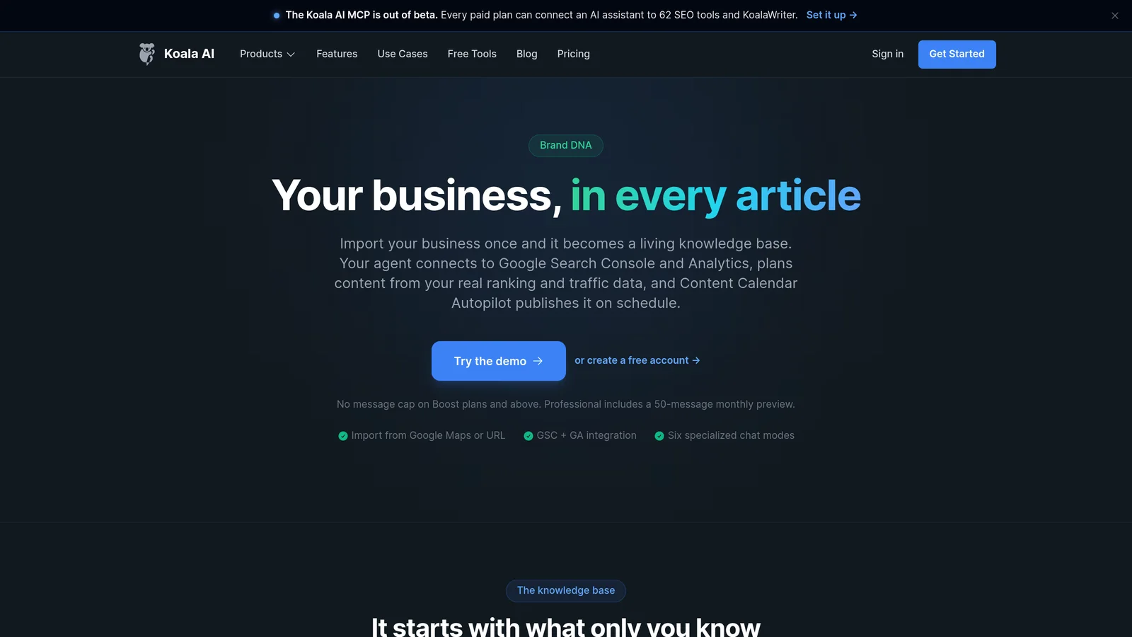 Page Brand DNA de Koala AI : import depuis Google Maps ou le site, intégration Search Console et Analytics