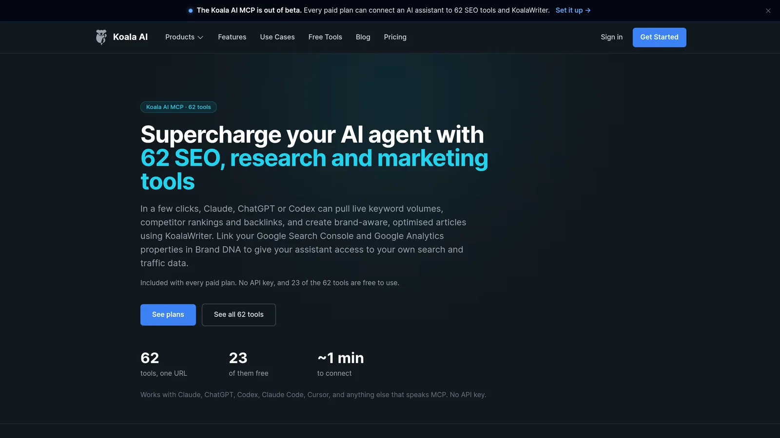 Page Koala AI MCP : 62 outils SEO pour Claude, ChatGPT, Codex et Cursor