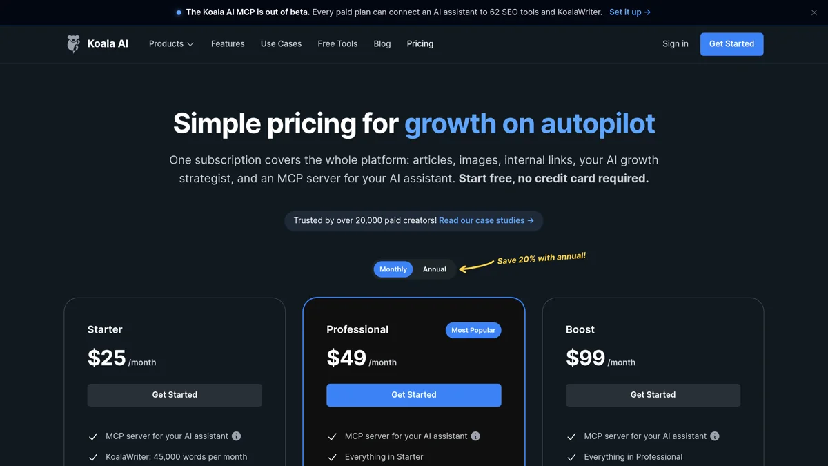 Page tarifs de Koala avec les formules Starter, Professional et Boost