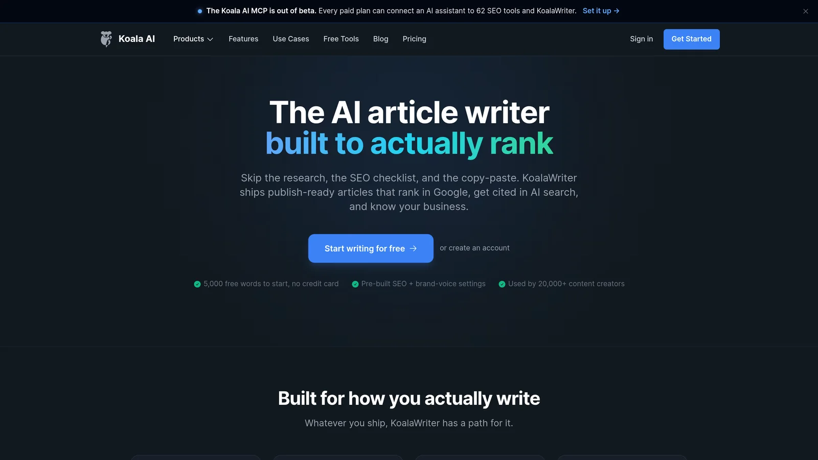 Page officielle de KoalaWriter v2 sur koala.sh, octobre 2026