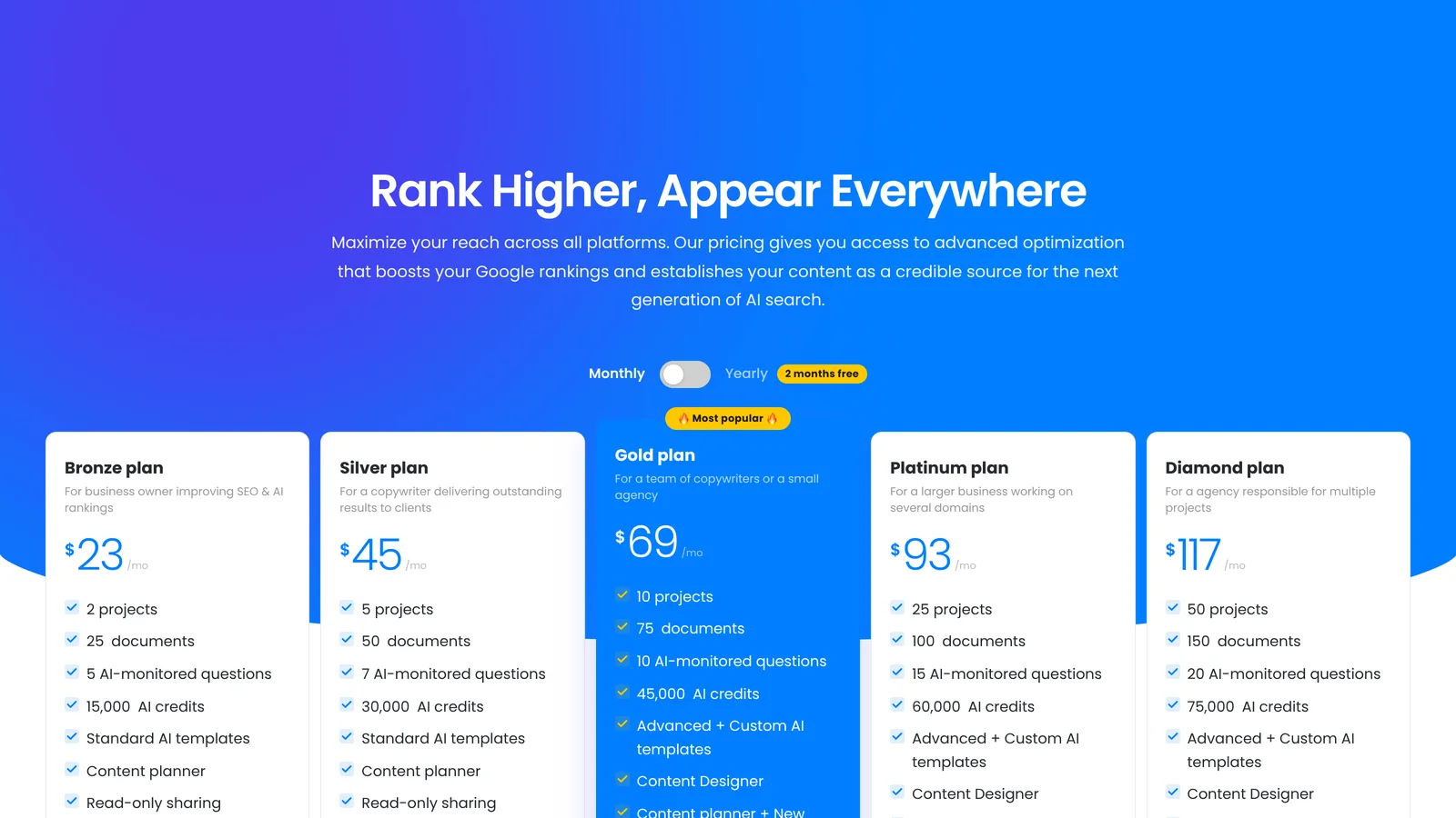 NeuronWriter pricing page: Bronze $23, Silver $45, Gold $69, Platinum $93, Diamond $117 per month