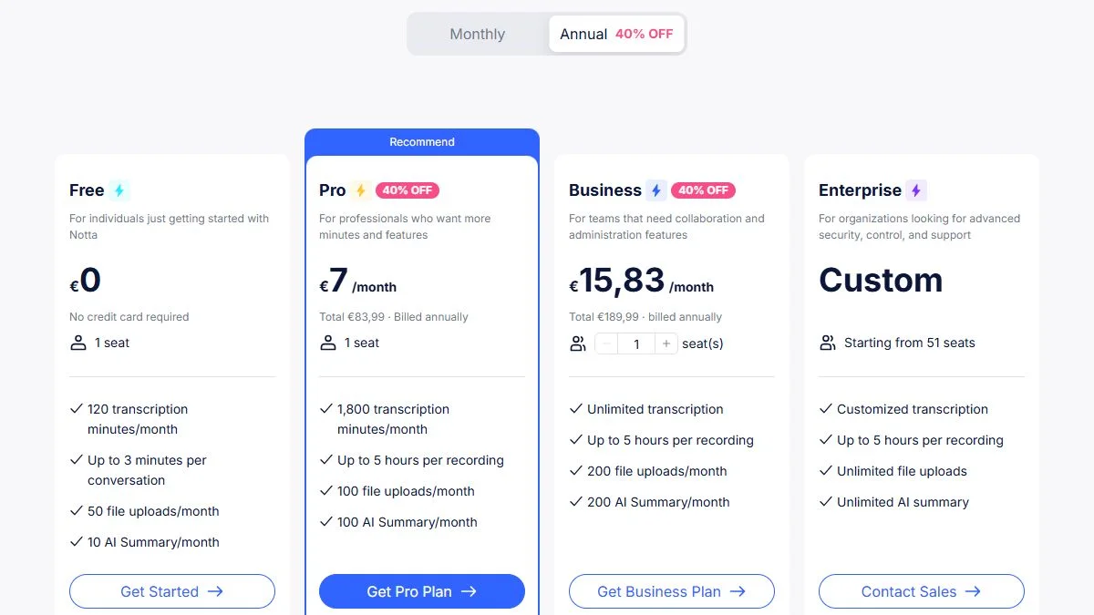 Notta pricing page on October 23, 2026: Free, Pro, Business and Enterprise plans with yearly billing at minus 40 percent