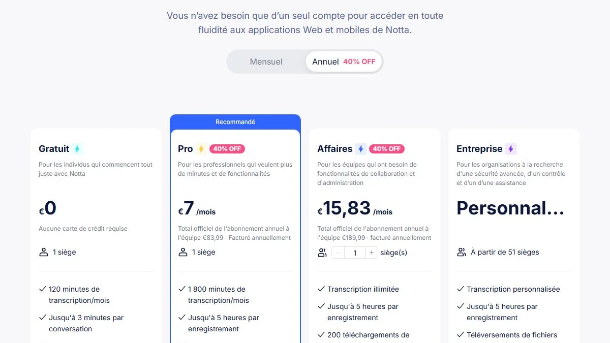 Page tarifs de Notta le 23 octobre 2026 : plans Gratuit, Pro, Affaires et Entreprise, avec facturation annuelle à moins 40 pour cent