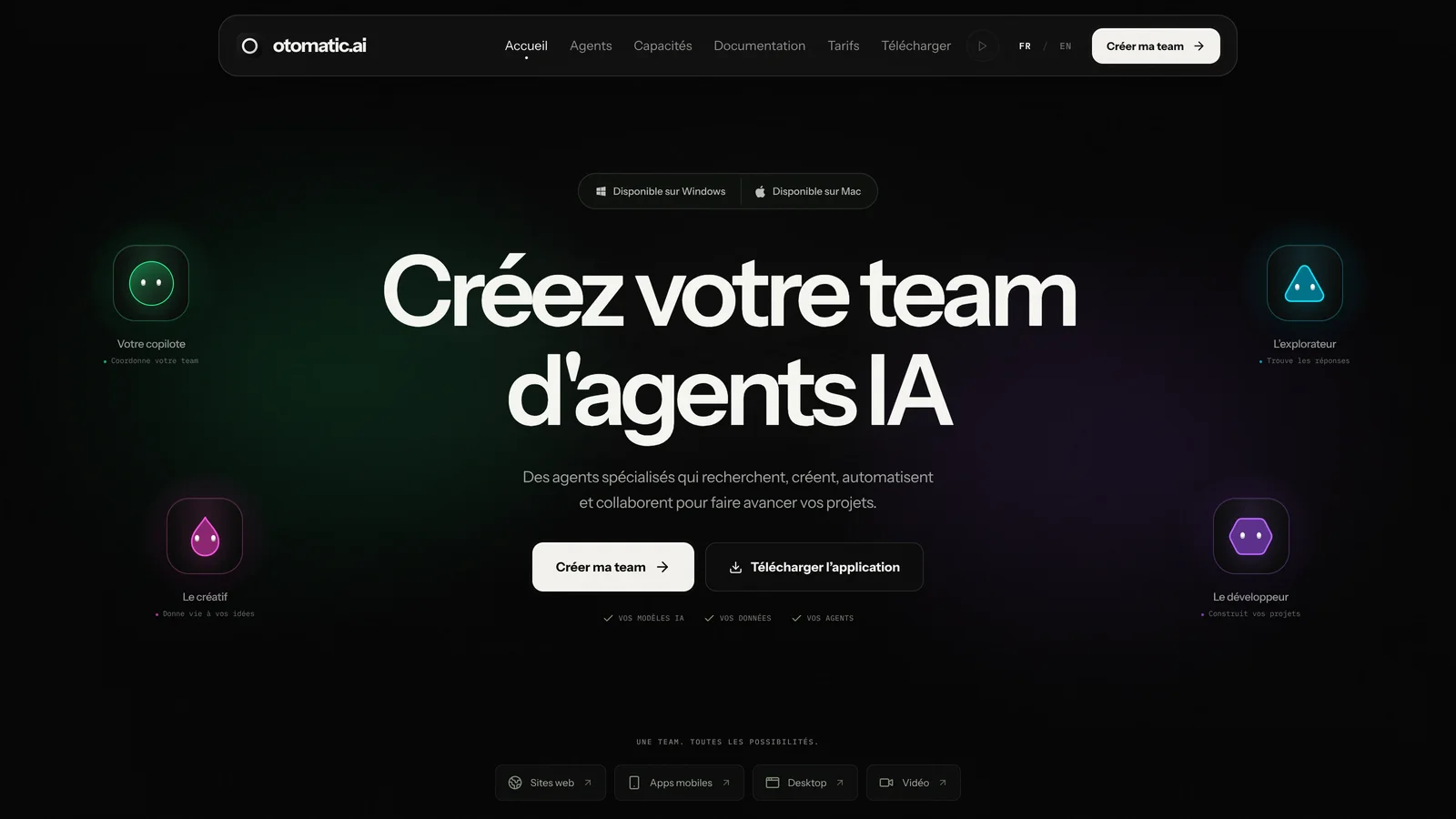 Page d'accueil d'Otomatic en 2026 : créez votre team d'agents IA