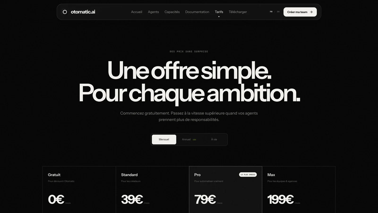 Page tarifs d'Otomatic : Gratuit, Standard 39 €, Pro 79 €, Max 199 € par mois