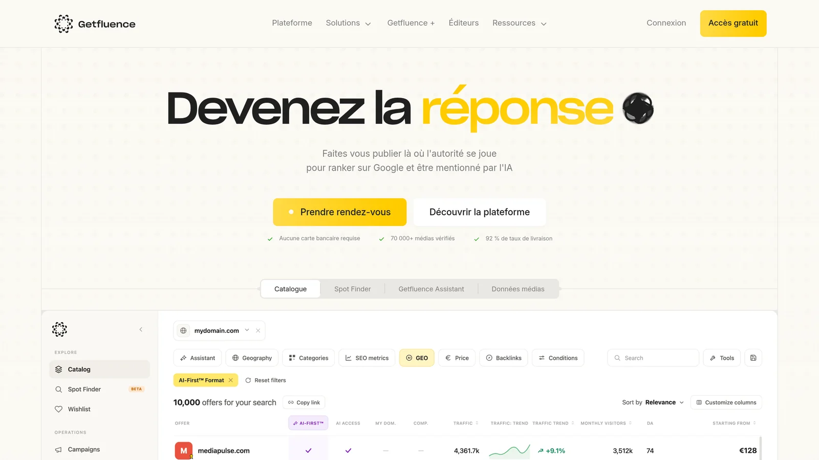 Page d'accueil de Getfluence avec l'aperçu de son catalogue de médias et ses filtres