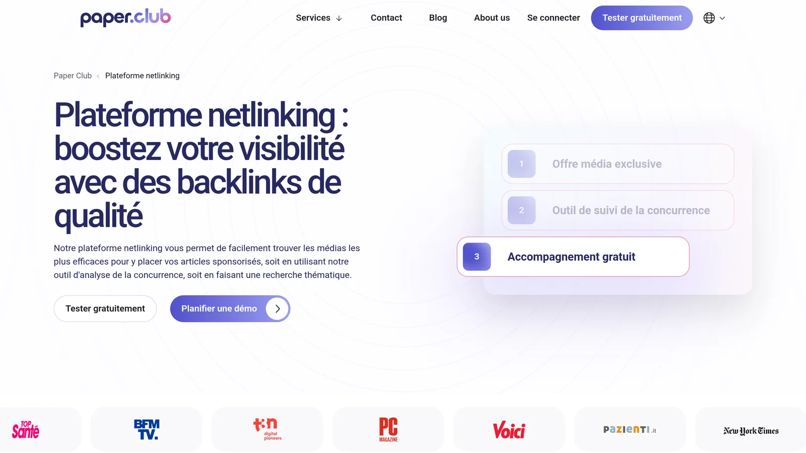 Page netlinking de Paper.club : médias exclusifs, suivi de la concurrence et accompagnement gratuit