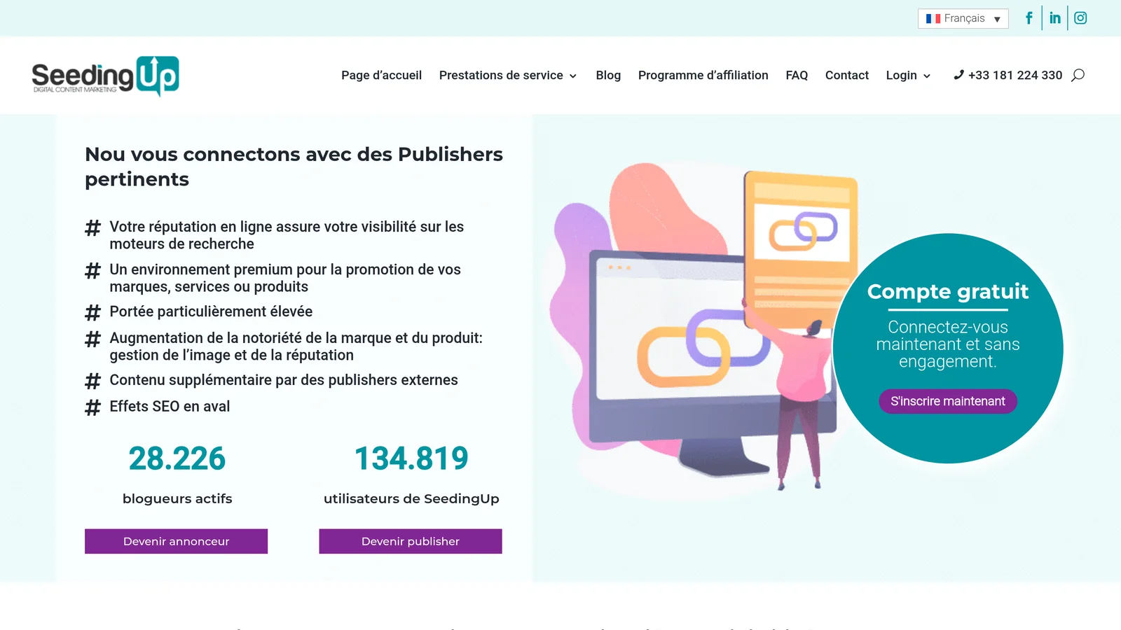 Page SEO off-page de SeedingUp pour les annonceurs : 28 226 blogueurs actifs