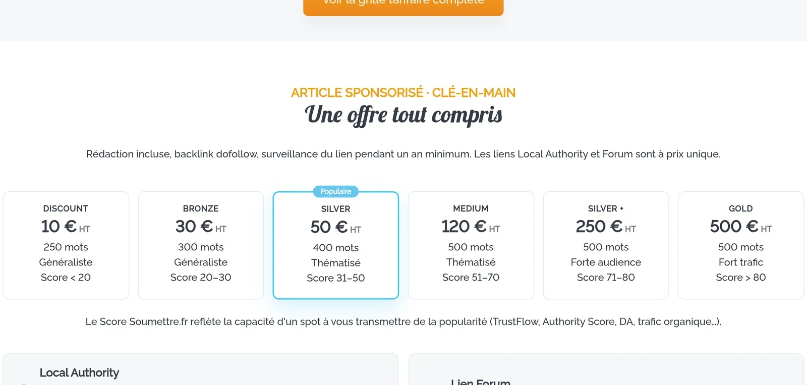 Grille clé-en-main de Soumettre.fr : articles sponsorisés de 10 à 500 euros HT selon le score du site