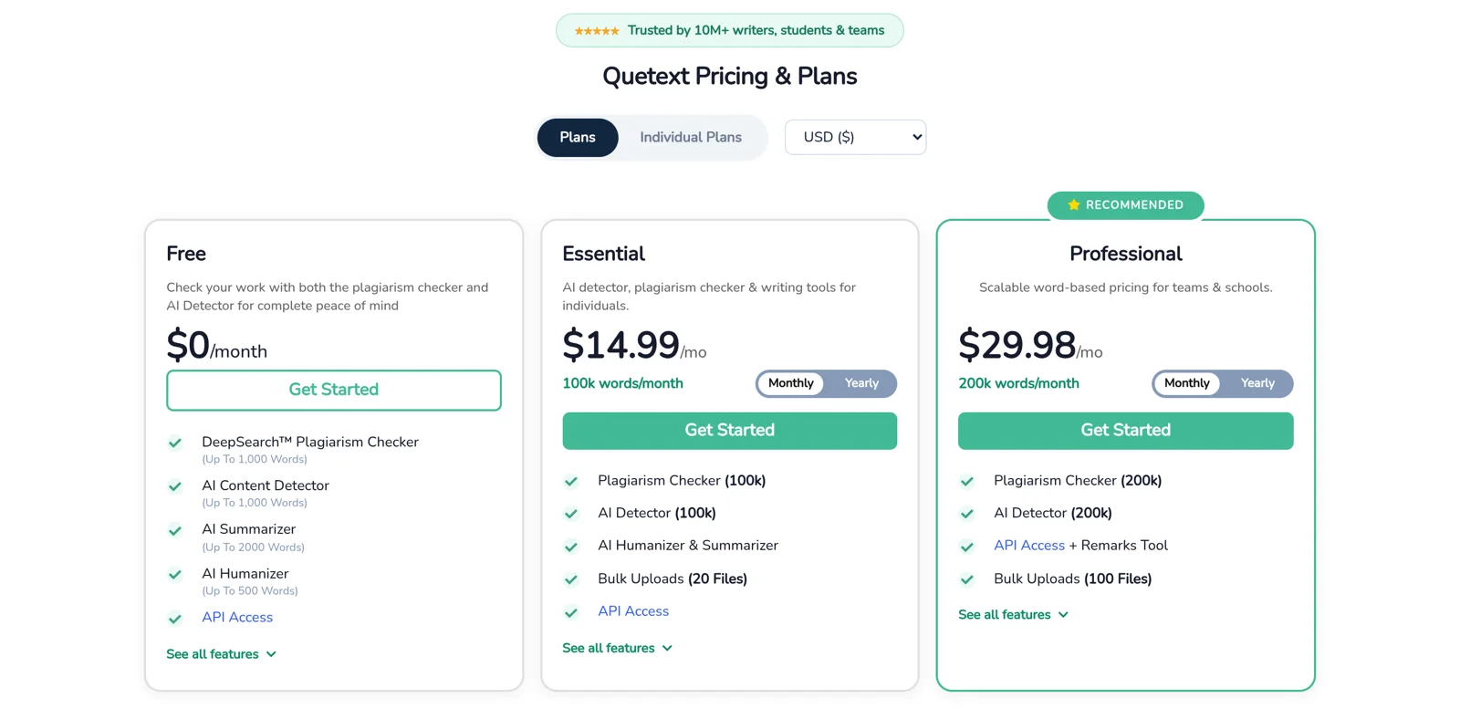 Page tarifs Quetext relevée le 25.10.2026 : Free, Essential et Professional