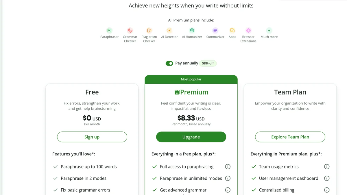 Page Premium de QuillBot avec les plans Free, Premium et Team