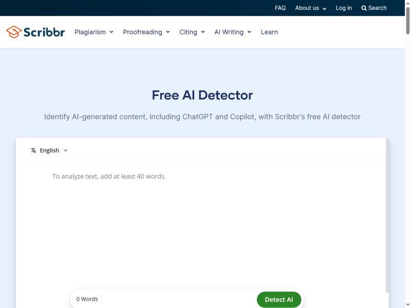 Page du détecteur d'IA gratuit de Scribbr, capture du 25 octobre 2026