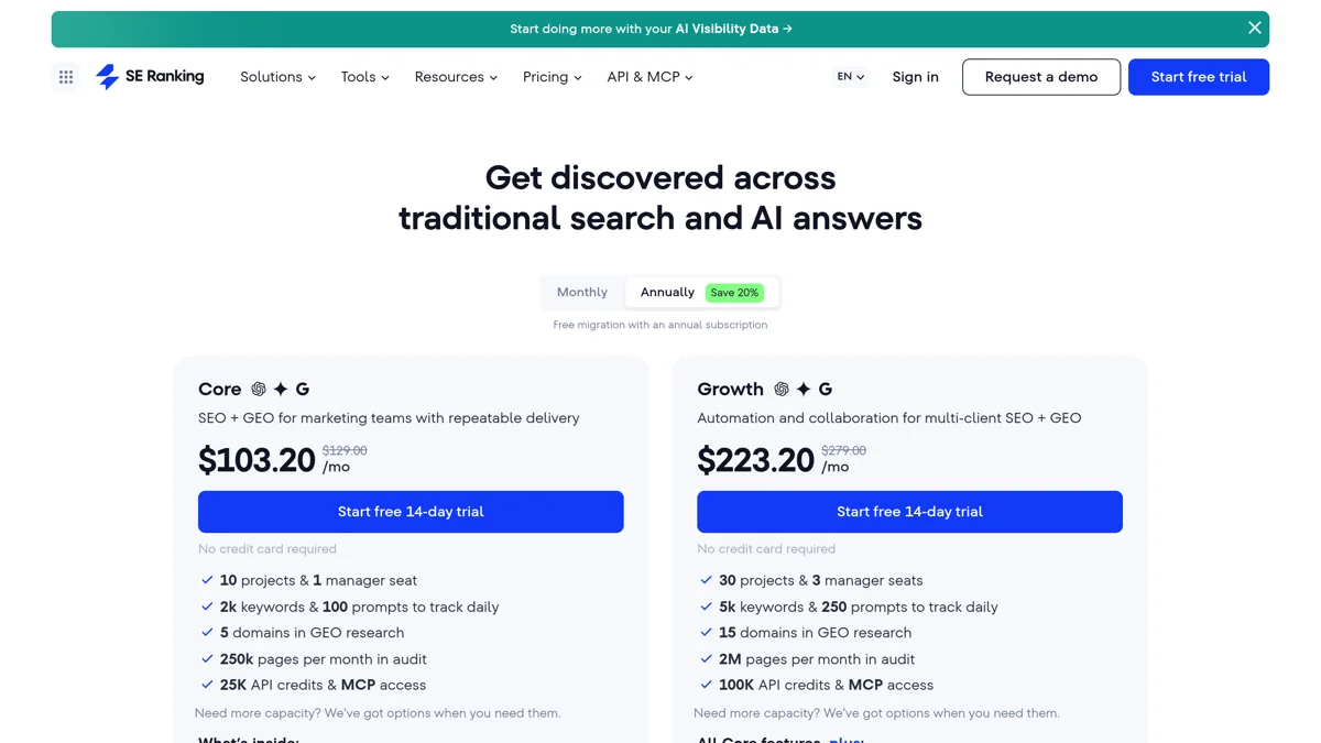 Page tarifs de SE Ranking avec les plans Core et Growth et le tarif annuel