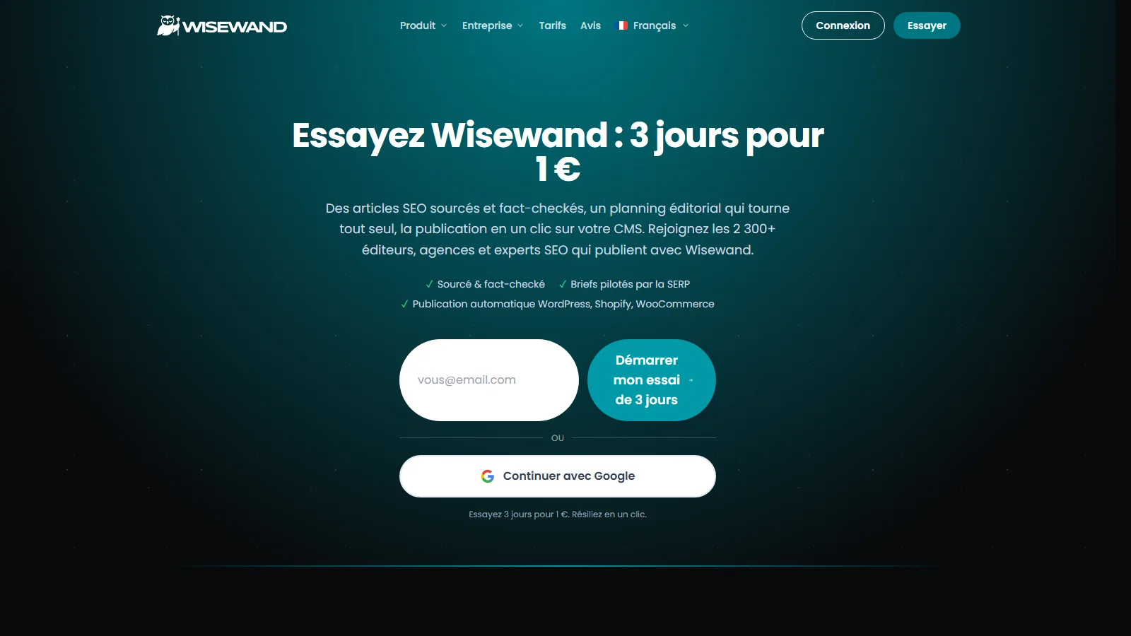 Wisewand trial page: 3 days for 1 euro, sourced articles and automatic publishing
